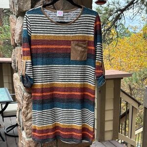 Wanna B Size M Boho Striped Mini Dress Tunic Top Tan Blue Ivory Gray Wine